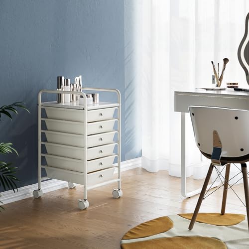 6-Tier Utility Cart with 6 Drawers, Rolling Utility Cart with 2 Lockable Caster Wheels, Multipurpose Mobile Rolling Drawer Cart for Office Bathroom Kitchen, Ivory White - size: White, 6-Tier