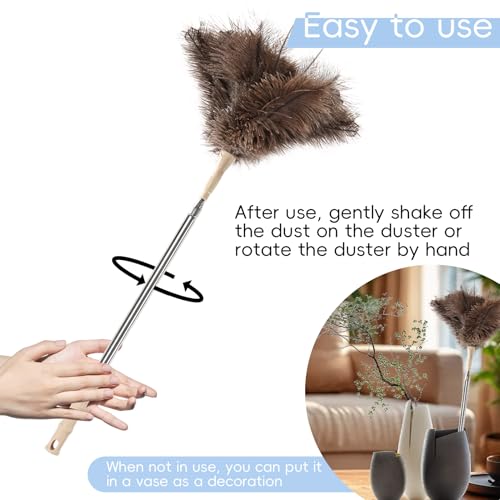 THARAHT Extendable Ostrich Feather Duster up to 27-94 inches Fluffy Feathers Long Handle Reusable for Cleaning Ceiling Fan Pendant lamp High Ceiling Blinds Furniture Feather Duster - size: 27-94inch