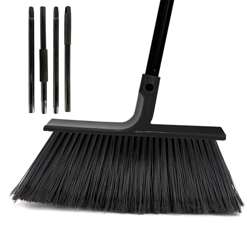 Large Angle Brooms Indoor Outdoor Broom with Long Handle Stiff Bristle Sweeper for Kitchen Garage Deck Courtyard Lobby Patio Lawn Leaves (Black) - color: Black