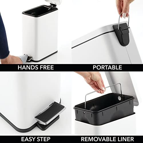 mDesign Pedal Bin — Waste Bin with Pedal, Lid and Plastic Bucket Insert for Bathroom, Kitchen, and Office — Metal Household Rubbish Bin with Ergonomic Design — White - color: White, size: 2.6 Gallon