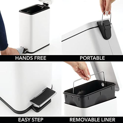 mDesign Pedal Bin — Waste Bin with Pedal, Lid and Plastic Bucket Insert for Bathroom, Kitchen, and Office — Metal Household Rubbish Bin with Ergonomic Design — White - color: White, size: 2.6 Gallon