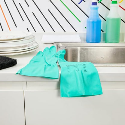 Restaurantware Green Cleaning Gloves 10 Pairs 15 Mil Thick Extra Large Heavy-Duty Nitrile Gloves With Long Cuff No-Latex Flock Lining For Use In Hospitals, Commercial Kitchens and Households - color: Green, size: 10/Extra large