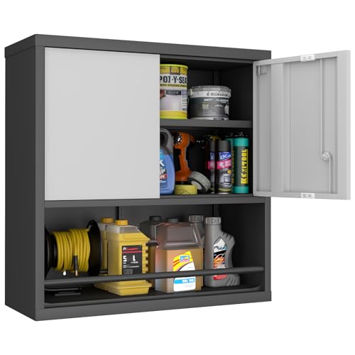 Metal Cabinet Wall Mounted, Garage Wall Cabinets with Doors & Adjustable Shelves, Steel Floating Hanging Storage Cabinet, Metal Locking Cabinet for Bathroom, Office, Warehouse - color: Gray&black, size: 30.7''H-2 doors