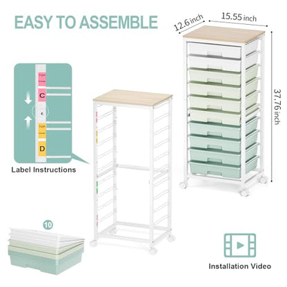 SYKIARIOL Rolling Cart with Drawers,10 Drawer Rolling Cart,Storage Cart,Utility Cart,Teacher Cart for Classroom Storage,Craft Cart with Wheels and Wooden Tabletop,Green - color: Green