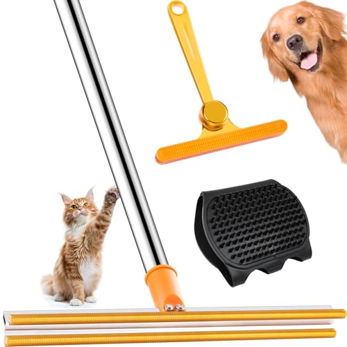 3 in 1 Carpet Rake for Pet Hair Removal Tool, 51” Adjustable Long Handle Pet Hair Removal Broom, Pet Grooming Brush, Cat Dog Hair Remover Carpet Scraper for Rugs, Mats - color: Orange-Silver