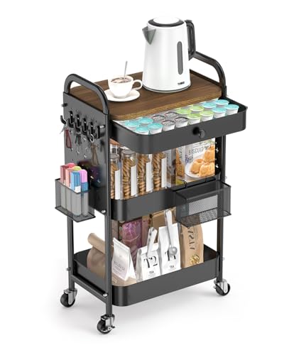 ALVOROG Rolling Cart with Drawer and Wood Table Top, 3 Tier Metal Rolling Utility Cart on Wheels with DIY Pegboards, Hanging Baskets, Hooks for Bedroom,Office,Craft Supplies - color: Black
