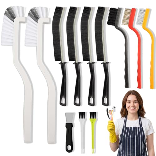 Crevice Cleaning Brush, Hard Bristle Cleaning Tool with Scraper, Grout Brush kit for Bathroom, Kitchen, Sink, Faucet, Window Grooves, Bottles, Blenders, 12Pcs