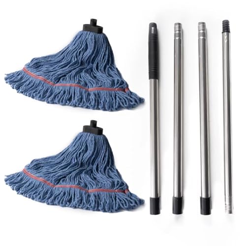 Matthew Large Commercial&Residential Mop Heavy Duty Industrial Mops w/Screw-on handle(Fit Standard American Screw)Looped-End String Wet Cotton Mops for Home,Office,Warehouse - 1 Set&2 Mop Replacements - color: Medium Mop Stick(screw-on), size: 1 Looped En