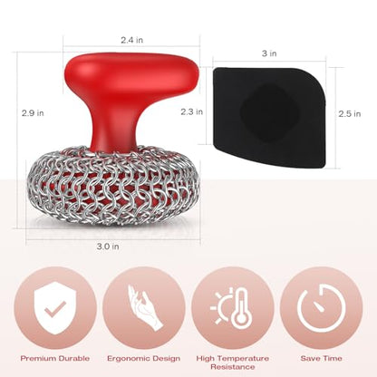 Cast Iron Scrubber | Dish Scrub Brush | 316 Cast Iron Cleaner Chainmail Scrubber for Pan Skillet Cleaner - Red - color: Red
