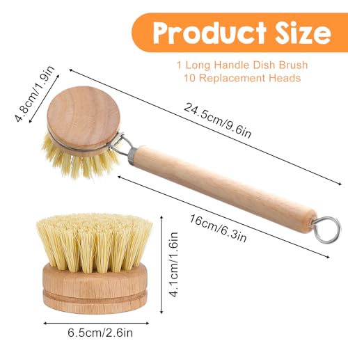 11 Pcs Bamboo Dish Brush Set, Multifunctional Bamboo Dishwashing Scrub Brush with Natural Sisal Bristles, Wooden Handle Dish Brush with Replacement Heads for Cleaning Pots Dishes Pans Vegetables