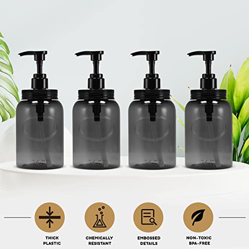24 oz Wide Mouth Plastic Bottle Dispensers, Gray, Set of 4 | Pump containers, high-viscosity, lotion pumps, easy refills, refillable, reusable, thick plastic - color: Gray
