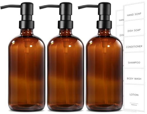 GMISUN Shampoo and Conditioner Dispenser, 3 Pack Amber Glass Bathroom Shampoo Conditioner Body Wash Dispenser with Pump for Shower, 17 Fl Oz Hand Soap Dish Soap and Lotion Dispenser Set for Kitchen - color: Amber Bottle + Black Pump, size: 3 Pack