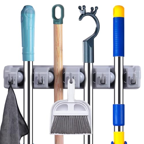 Mop And Broom Holder Wall Mount Cleaning Supplies Organizer For Closet | Laundry Room Garden Tool Hangers For Garage Wall Hanging Rack Utility Shop Organization And Storage