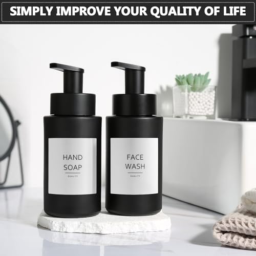 RYTOXILO Matte Black Foaming Hand Soap Dispenser, 10 oz/300ml Glass Foam Dispenser, 2 Pcs Foaming Soap Dispenser for Bathroom, Black Refillable Pump with Waterproof Labels - color: Black Bottle, size: 10 Fl oz