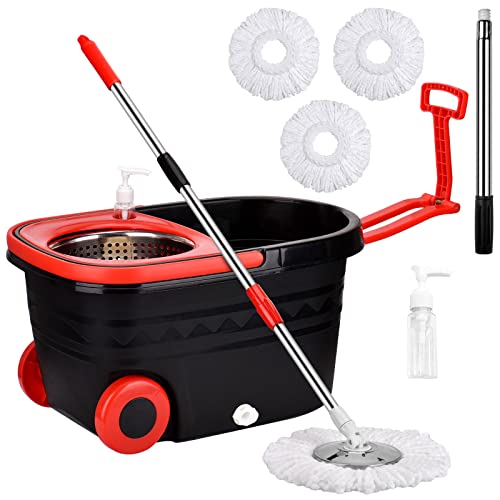Spin Mop and Bucket with Wringer Set on Wheels, 360° Spinning Mop Bucket System with 3 Microfiber Mop Replacement Heads and 61" Stainless Steel Adjustable Handle for Floor Cleaning (25QT) - color: Black-2
