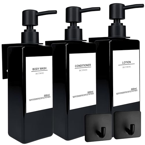 Shampoo Dispenser for Shower Wall, Shampoo and Conditioner Dispenser with 16 Waterproof Labels, No Drill Shower Soap Dispenser Bathroom, Shower Soap Dispenser Wall Mounted 3 Chamber, 17oz,Black - color: Black Bottle + Black Pump