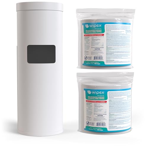 Wipex Disinfecting Wipes Bulk Bundle: Premium White Dispenser with Trash Bin - Stainless Steel and 2 Packs of 800ct EPA Wipes Refill Roll for Equipment in School, Office, Gym, Public Venues - size: Bundle: 2 Refills + White Floor Dispenser