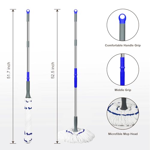 Self Wringing Mop - Easy Squeeze Twist Mop with 52.5 Inch Long Handle, Heavy Duty for Hardwood, Tile, Vinyl & Laminate Floors (White-2 Head) - color: White-2 Head