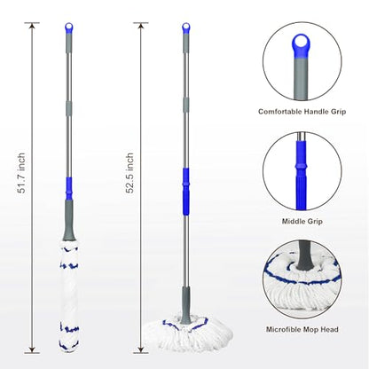 Self Wringing Mop - Easy Squeeze Twist Mop with 52.5 Inch Long Handle, Heavy Duty for Hardwood, Tile, Vinyl & Laminate Floors (White-2 Head) - color: White-2 Head