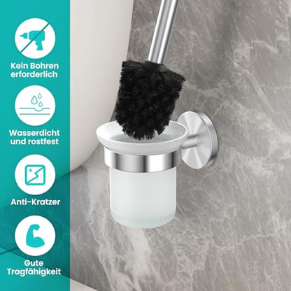 Dailyart Toilet Brush Holder Set: 2 Pack Bathroom Deep Cleaning - Stainless Steel & Glass Toilet Cleaner with Ergonomic Design - No Drilling Wall Mounting
