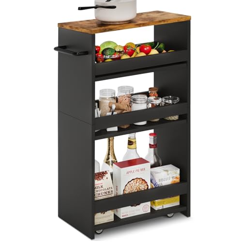 TEAMIX 4 Tier Slim Storage Cart with Handle, Slide Out Storage Rolling Utility Cart Mobile Shelving Unit Organizer Trolley for Small Spaces Kitchen Laundry Narrow Places (Black+Brown, 7-7/8'' W) - color: Black+brown, size: 7-7/8'' W