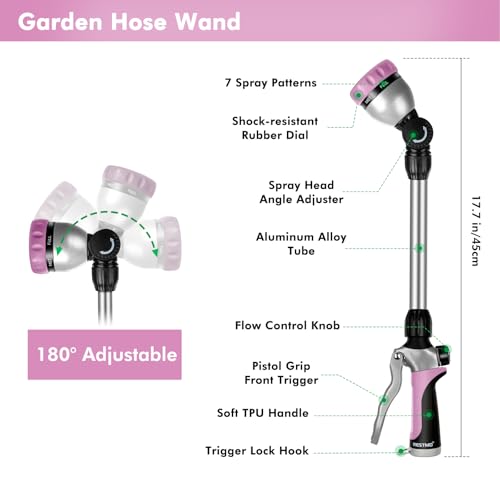 RESTMO Metal Watering Wand, Heavy Duty Garden Hose Wand with 180° Swivel Ratcheting Head, 16'' Hose Nozzle Sprayer with 7 Spray Patterns and Flow Control, for Water Hanging Baskets and Shrubs, Pink - color: Pink