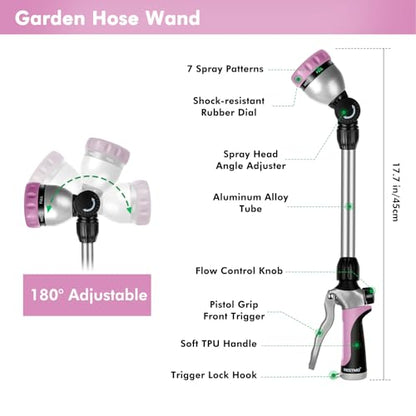 RESTMO Metal Watering Wand, Heavy Duty Garden Hose Wand with 180° Swivel Ratcheting Head, 16'' Hose Nozzle Sprayer with 7 Spray Patterns and Flow Control, for Water Hanging Baskets and Shrubs, Pink - color: Pink