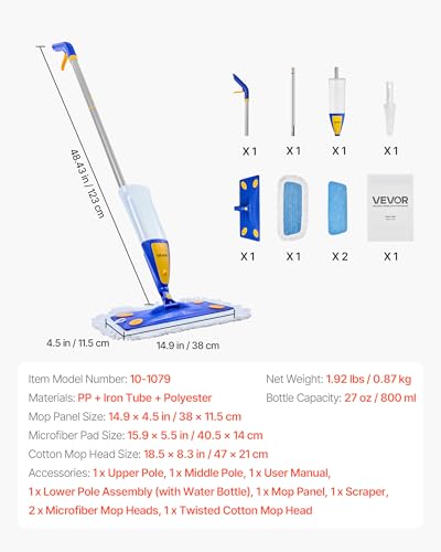 VEVOR Spray Mop, with 3 Washable Pads for Dry and Wet Floor Cleaning and a 27oz Refillable Water Tank, Microfiber Dust Wet Mop & Twisted Cotton Dry Mop, Commercial Home Use for Tiles/Vinyl/Wood Floor