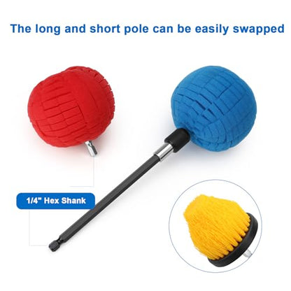 Linkstyle 5PCS Drill Polishing Ball Set, Car Wheel Polisher Sponge Pad Kit with Long Extension Pole & Cleaning Brush, Buffing Ball for 1/4" Hex Drill, Car Rim and Metal Surface Polishing Tool - style: Ball_5PCS