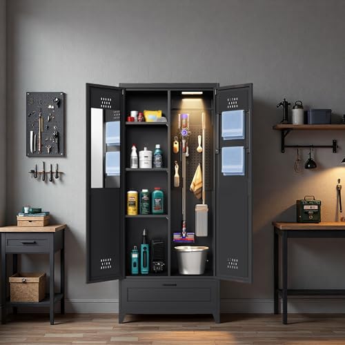 DWVO Metal Garage Storage Cabinet with Pegboard, 71" Tall Broom Cabinet with Lights, Adjustable Shelves, Heavy Duty Tool Storage Cabinet for Garage, Cleaning Room, Gym