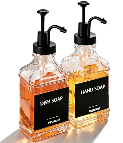 Dish Soap Dispenser for Kitchen, Hand Glass Soap Dispenser Set with Pump, Funnel for Bathroom, Shower, Laundry, Liquid, Lotion (Black 2 Pack 18 Oz Clear Bottles with 12 Stickers) - color: Black Square, size: 18Oz