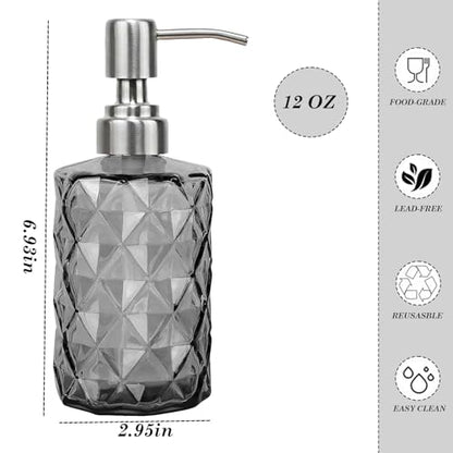 12Oz Gray Glass Soap Dispenser with Stainless Steel Pump, Refillable Kitchen Liquid Hand Soap Dispenser with Diamond Design, for Dispense Hand soap, Dish Soap, Lotion, Bathroom, Countertop, Hotel - color: Diamond Gray