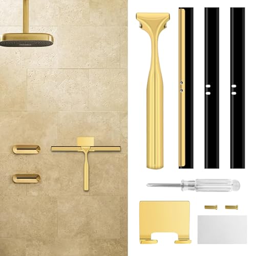 Shower Squeegee for Glass Doors,10 Inch Stainless Steel Squeegee for Shower Glass with Storage Hook, Shower Squeegee for Tile Shower Walls, Window Mirror Squeegee and Car Glass (Gold)