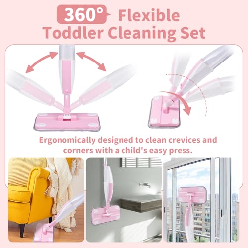 Kids Spray Mop,Toddler Mop Cleaning Set, Real Working Mini Mop & Kids Broom Dustpan Set, Housekeeping Pretend Play Toy, Montessori Kid Cleaning Toy Set Includes Organizer Clip -Pink - size: Mop & Broom Set, style: Pink