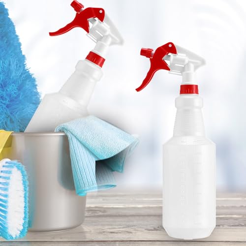 Zubebe 24 Pack 32 oz Plastic Spray Bottle Bulk Empty Leakproof Heavy Duty Spray Bottles for Cleaning Supplies Mist Bottles with Label and Adjustable Nozzle for Plant(Red, White,Clear Scale) - color: Red, White, style: Clear Scale