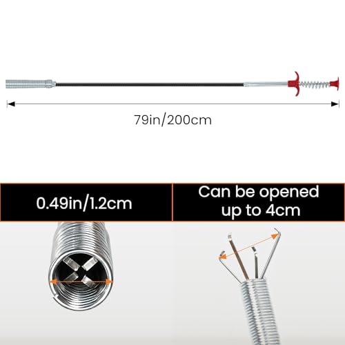 Drain Snake, 79-Inch Drain Clog Remover Tool, Flexible Grabber Claw for Bath Tub, Toilet, Kitchen Sink & Sewer