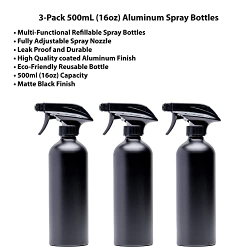 Aluminum Empty Spray Bottles (3 Pack) 16oz - Matte Black Metal Aluminum Refillable Spray Bottle, Cleaning Solution, Hair, Plants, Gardening, BBQ Grilling, Restaurants (New Updated Sprayers)
