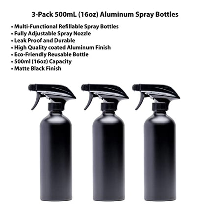 Aluminum Empty Spray Bottles (3 Pack) 16oz - Matte Black Metal Aluminum Refillable Spray Bottle, Cleaning Solution, Hair, Plants, Gardening, BBQ Grilling, Restaurants (New Updated Sprayers)