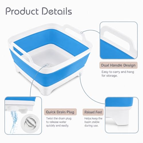 2.4 Gal(9L) Collapsible Dish Basin with Drain Plug, Space Saving Outdoor Multiuse Foldable Sink Tub, Dishpan, Kitchen Storage Tray for Camping, Vegetable Washing, RV (Blue) - color: Blue