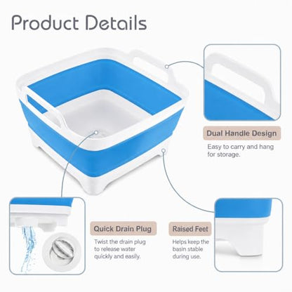 2.4 Gal(9L) Collapsible Dish Basin with Drain Plug, Space Saving Outdoor Multiuse Foldable Sink Tub, Dishpan, Kitchen Storage Tray for Camping, Vegetable Washing, RV (Blue) - color: Blue