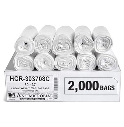 Aluf Plastics High Density Trash Bags, 30 Gallon, 2000 Count, 8 Micron (eq), 30" x 37", Clear, for Bathroom, Office, Industrial, Commercial, Janitorial, Municipal, Recycling - color: Clear, style: 20-30 Gal, 8 Micron Equiv, 2,000 Count