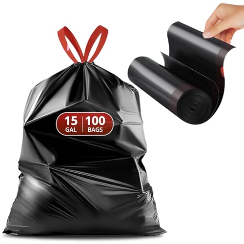 Pre-Separated Drawstring Trash Bags for 15 Gallon Trash Cans, 100 Count, Ultra Strong Black Tall Kitchen Garbage Bags, Tear-Free Large Trash Liners for Lawn & Yard