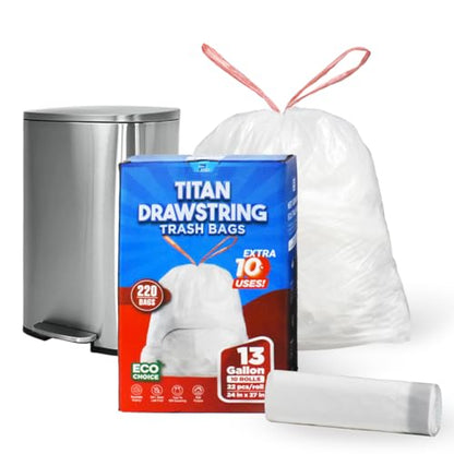 220 Count Heavy - Duty 13 Gallon Drawstring Trash Bags – Tear-Resistant Bags for Kitchen, Office, and Commercial Use