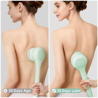 Electric Body Brush Back Scrubber for Shower, Waterproof Long Dual Handle Body Scrubber with 3 Heads, Bath Brush & 2 Speeds, for Cleansing, Exfoliating and Massaging Skin, Pale Cypress Green