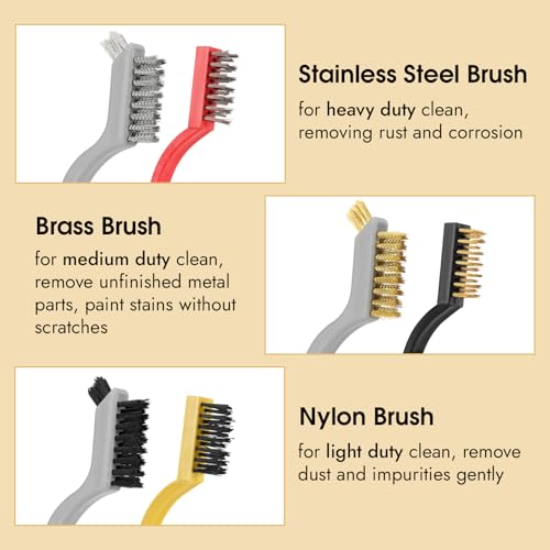 6 Pieces Wire Brushes Set, Small Metal Brass Brush, Stainless Steel Brush, Nylon Brushes for Cleaning Metal Rust and Paint Removal (Grey+3 Mixed Color, L) - color: Grey+3 Mixed Color