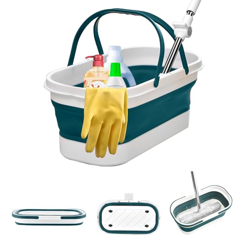 Collapsible Mop Wash Basin Bucket with Handle and Wheels, 12L (3.2 Gallon) Portable Plastic Basket Crate Tub for Storage Organization, Foldable Water Bin Container for Cleaning, Car Washing, Blue - color: Blue