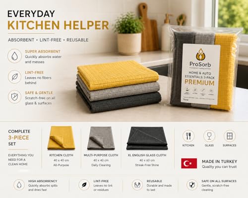 Premium Microfiber Cleaning Cloths, 3-Pack - 1 XL Glass Cleaning Cloth (16”x24”), 2 Waffle Weave Microfiber Cloths (16”x16”), Ultra Absorbent, Lint-Free, Streak-Free & Reusable