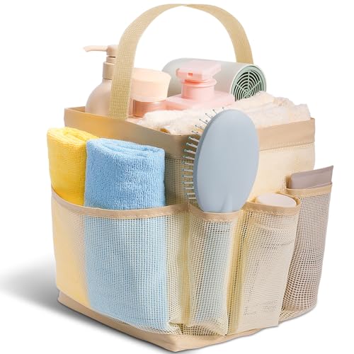 Mesh Shower Caddy for College Dorm Room Essentials for Girls with 9 Pockets,Large-Capacity Shower Basket,Quick Dry Toiletry Tote Bag for Women,Outdoor Gym,Travel,Swim,Beach Camping Essentials-Beige - color: Beige
