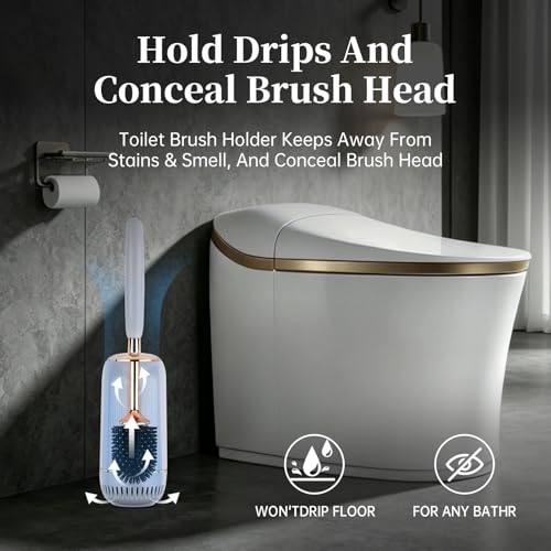 Toilet Brush and Holder Set, Toilet Bowl Brush with Long Handle, High-End Modern Silicone Toilet Brush Set, Non-Scratch Hygienic(Matte Grey + Gold, A),Father's Day - color: Matte Grey + Gold