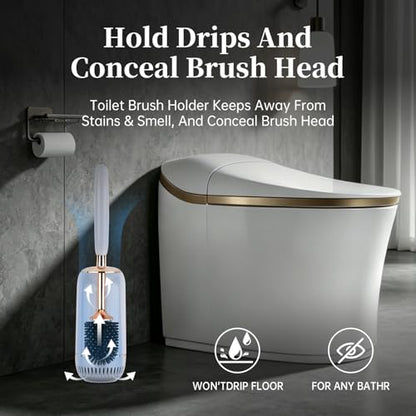 Toilet Brush and Holder Set, Toilet Bowl Brush with Long Handle, High-End Modern Silicone Toilet Brush Set, Non-Scratch Hygienic(Matte Grey + Gold, A),Father's Day - color: Matte Grey + Gold